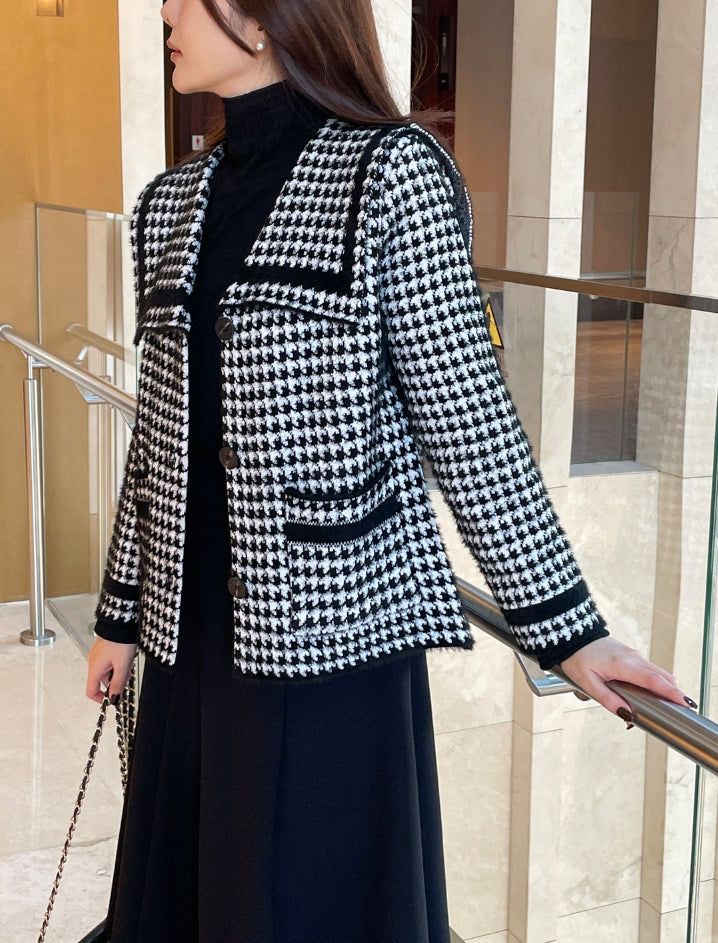 Marron Sailor Collar Hound Check Knit Jacket Cardigan