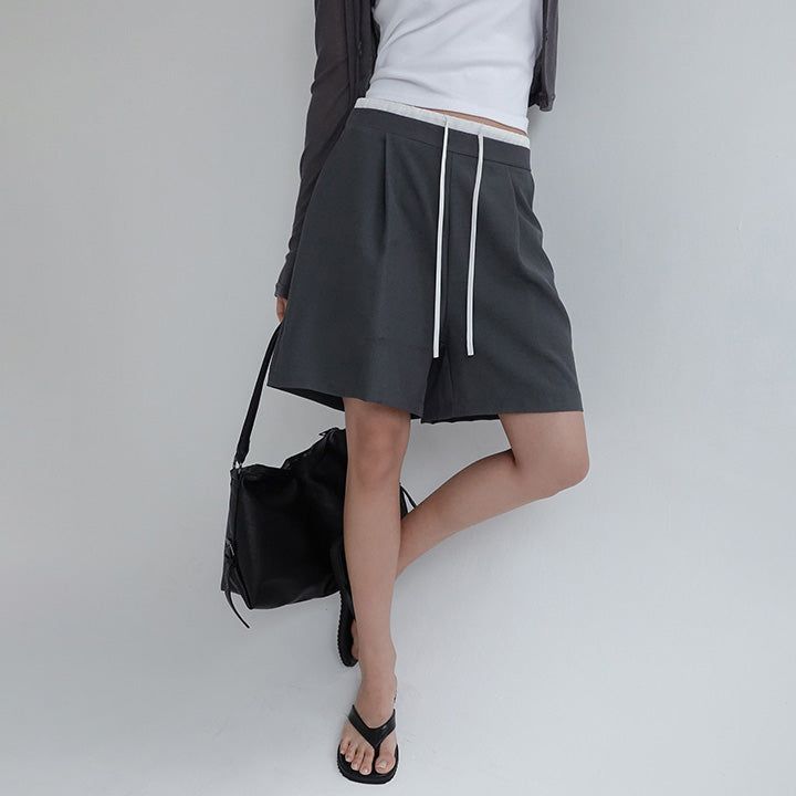 [Torinne] Elasticated Pintuck Sagging Half Slacks - 2 Colors