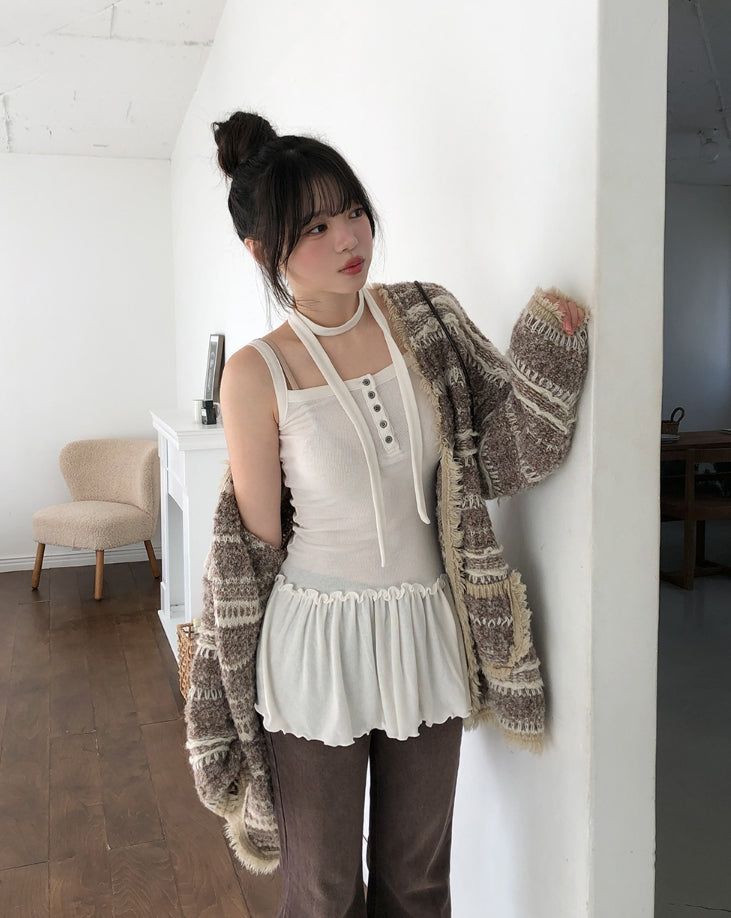 Tiz Button Ruffle Layered Sleeveless Scarf Set