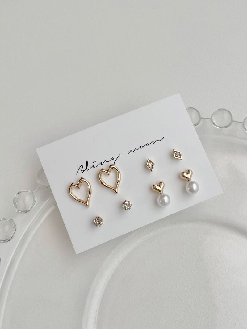 [4 set] lovely heart pearl earrings set 