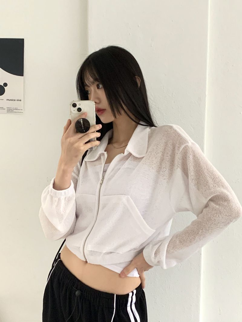 Pillow Beachwear See-through Linen Knit Long Sleeve Zip-up