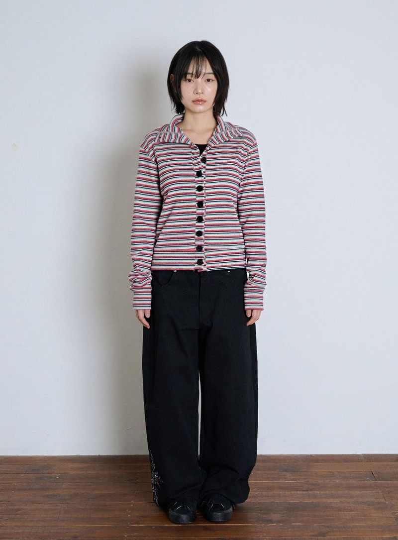 STRIPED HIGH NECK BUTTON CARDIGAN - GRAY