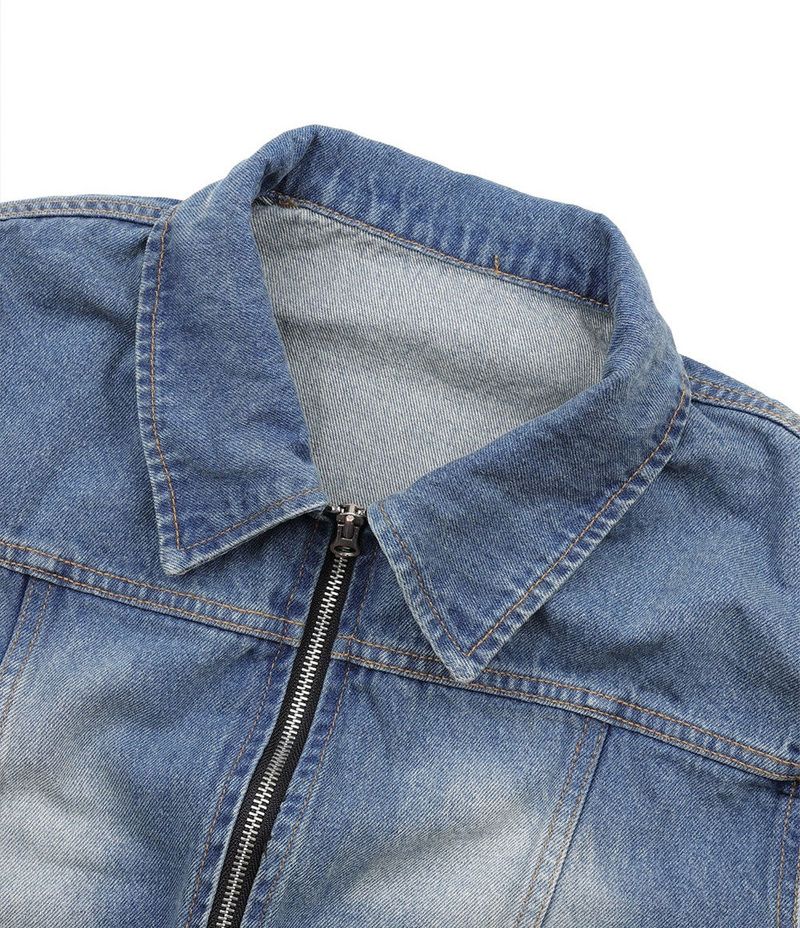 Washed Crop Track Denim Jacket - Deep Blue