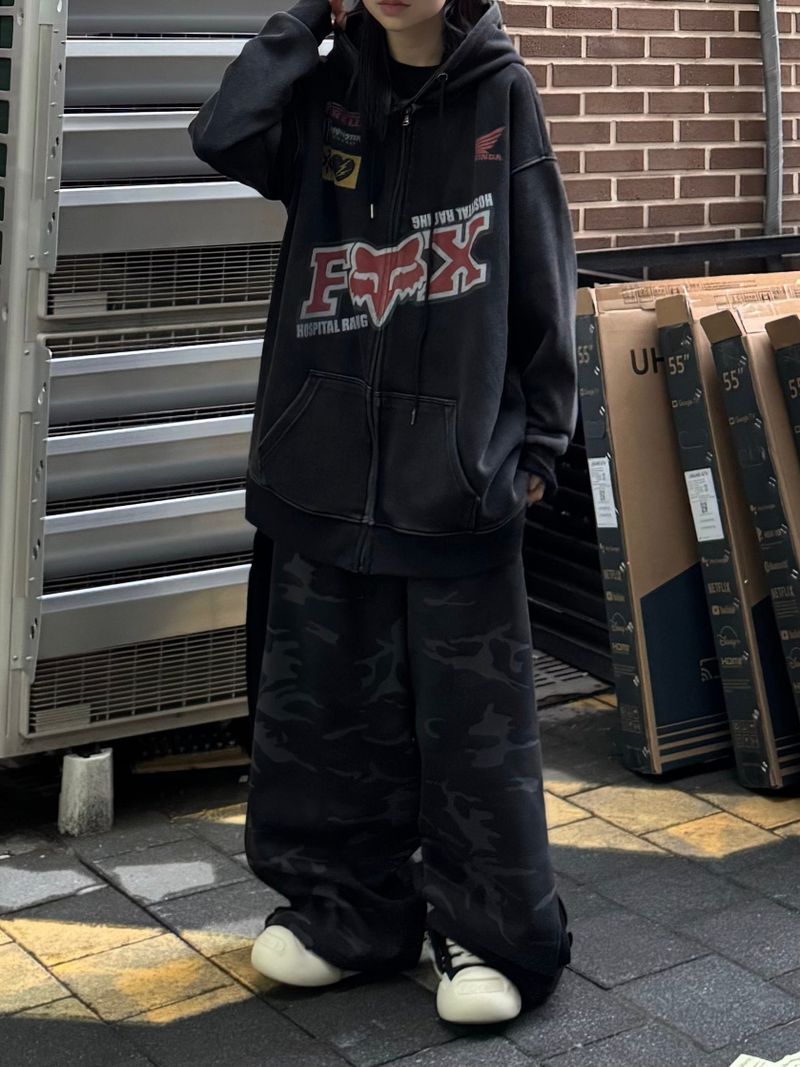 washed racing zip-up hoodie
