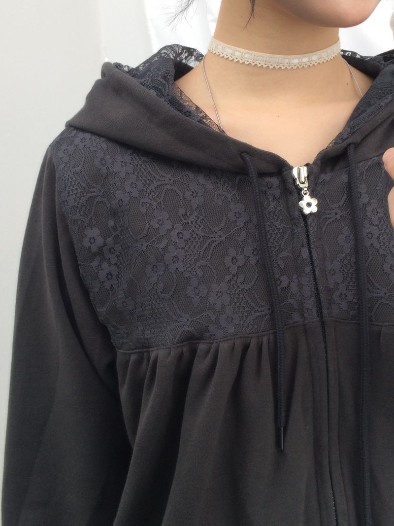 Flower Lace Half-Shirring Hooded Zip-Up
