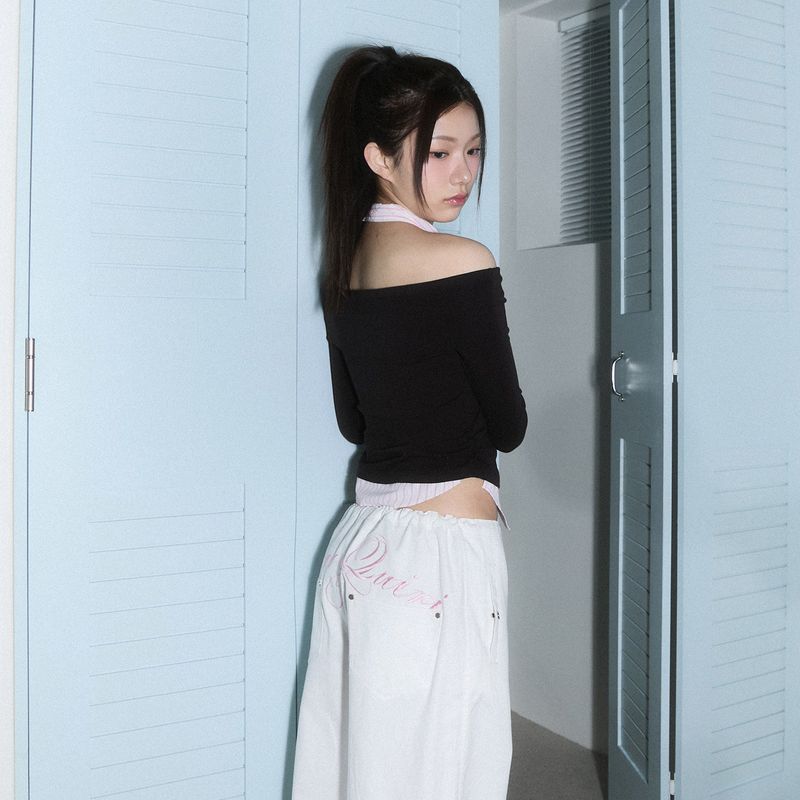 lace layered roll up denim - white