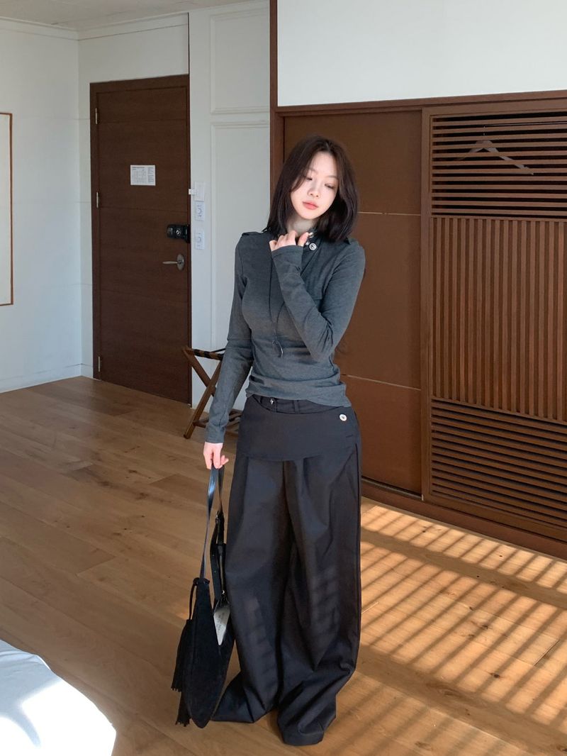 Close Pintuck Wrap Two Button High Waist Long Wide Pants
