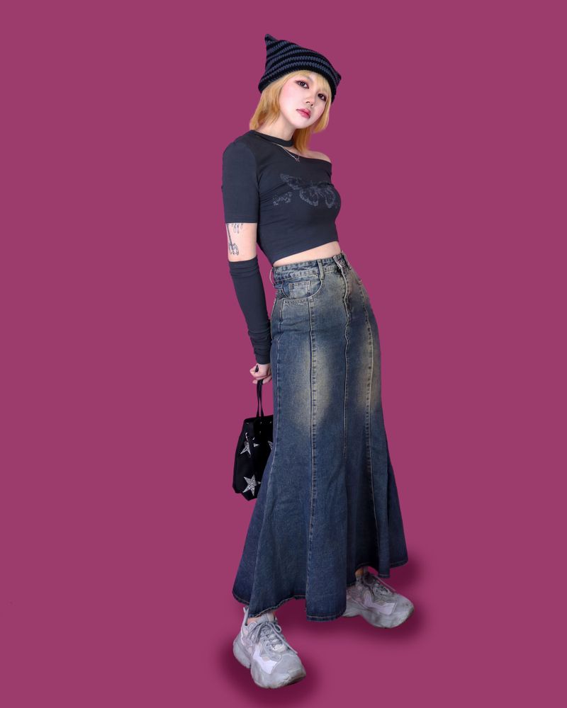 caramel denim long skirt