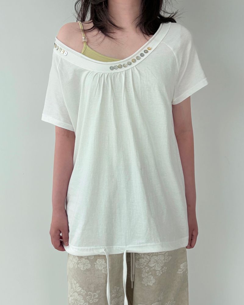 シェル ボタン オープンネック Tシャツ (3colors)