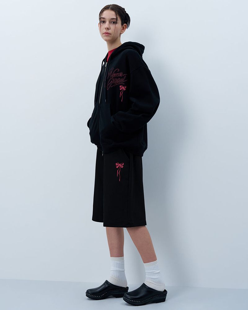 PINK RIBBON LOGO HALF PANTS-BLACK