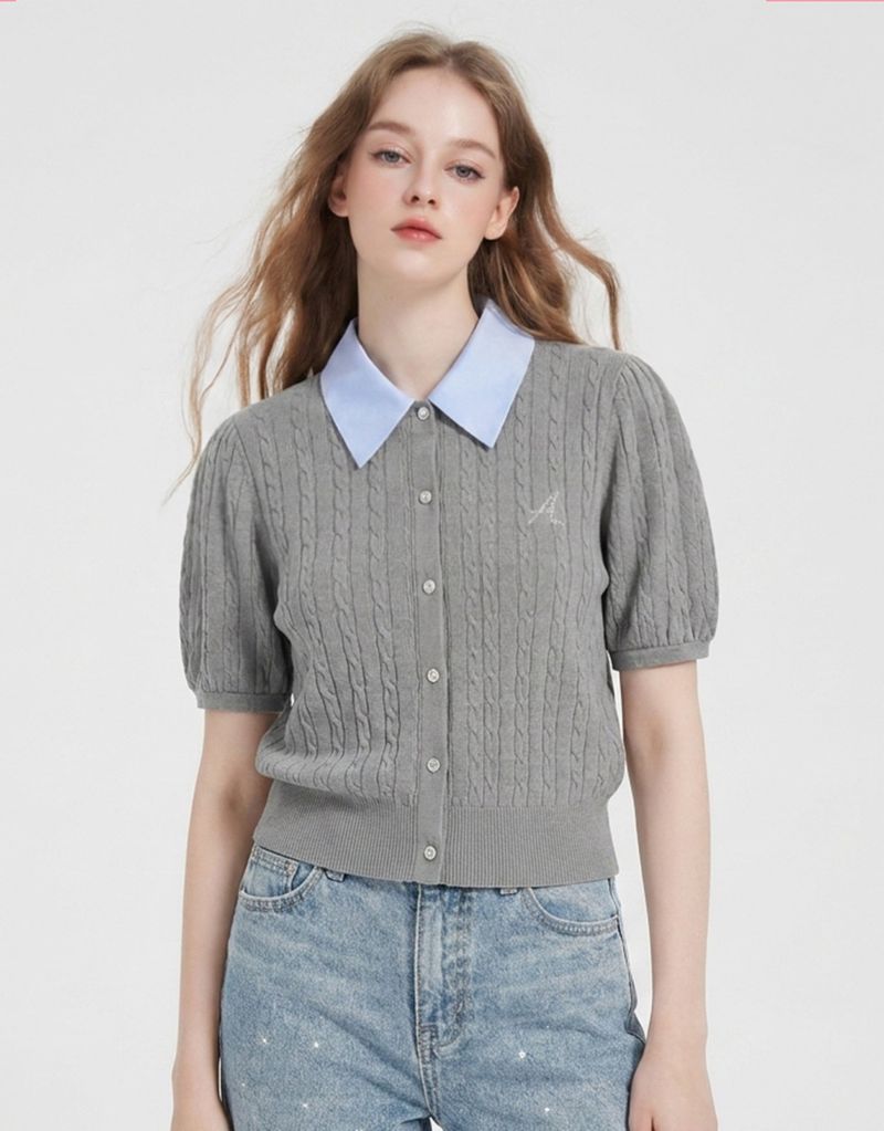 [PRE-FALL] エロディ シルク カラー ケーブル ニット ショートスリーブ カーディガン グレー
