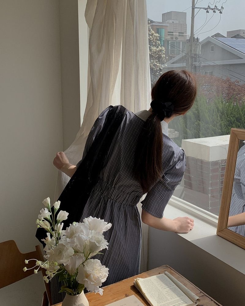 Moon collar striped long dress