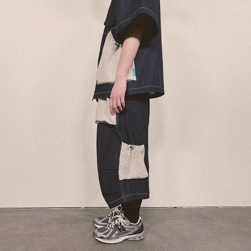 reverse terry pocket denim capri shorts_blue