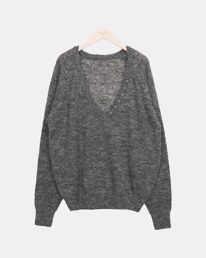 Diang Deep V-Neck Button Mohair Long-Sleeve Knit