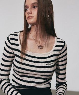 STRIPE LOGO SQUARE NECK KNIT_LIGHT BEIGE
