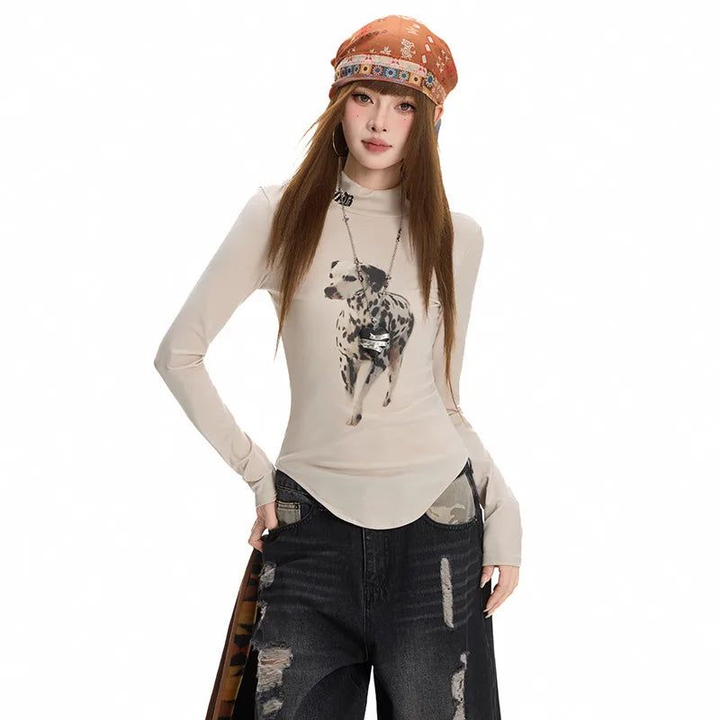 Vintage Dog Print Mock Neck Long Sleeve Top