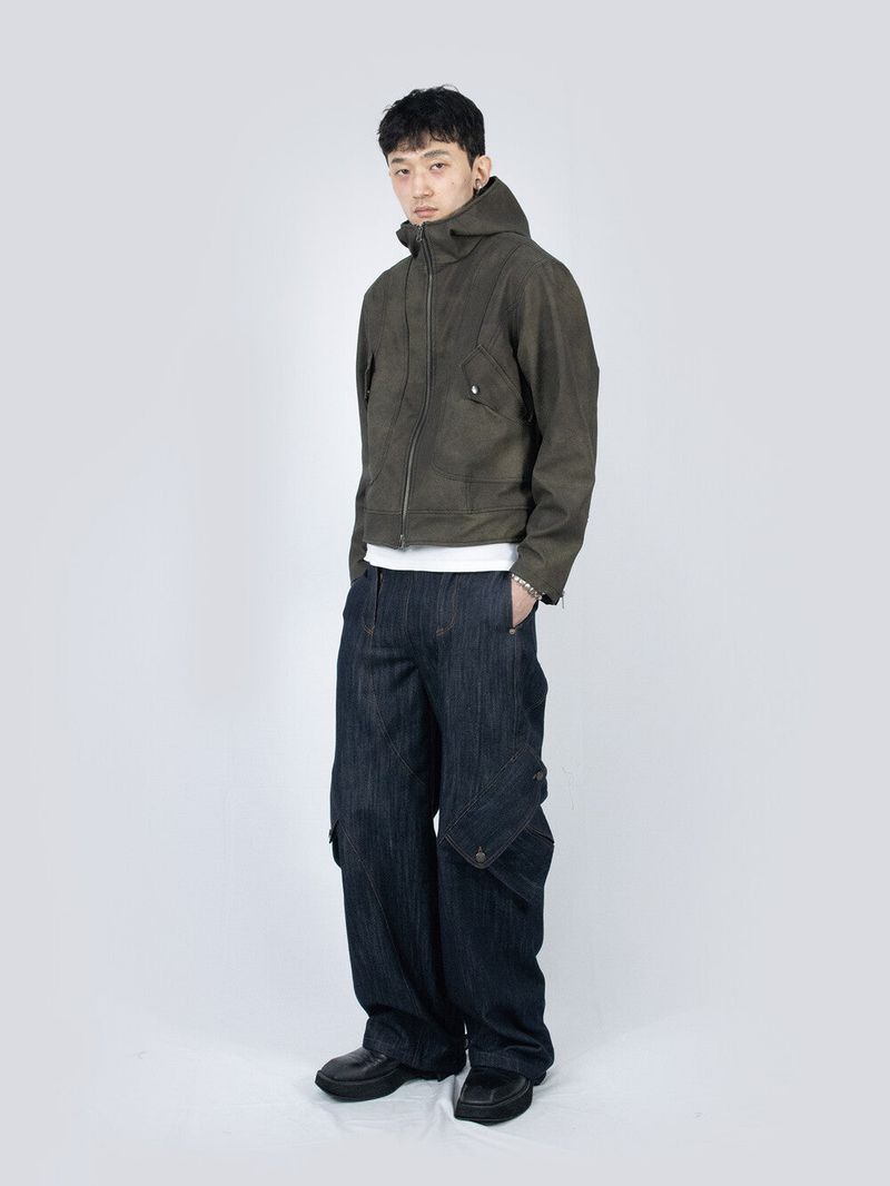 Curved Hood Leather Jacket (Khaki Black)
