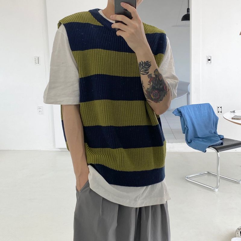 Stripe round neck knit vest 2C