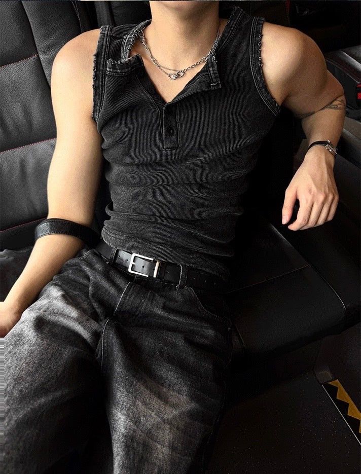 Pigment Henley Neck Damage Detail Muscle Fit Sleeveless