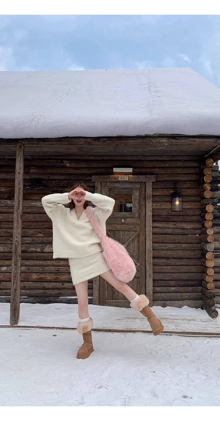 Cloud V-neck Knit Skirt Two-piece