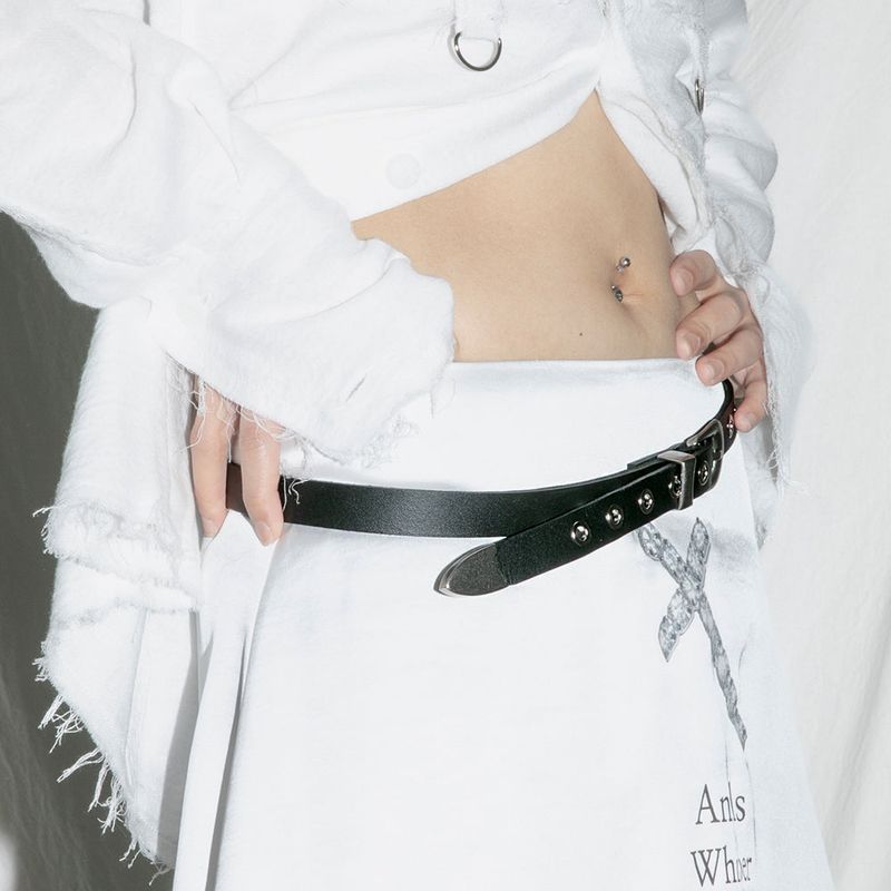  Eyelets Buckle Leather Belt - BLACK