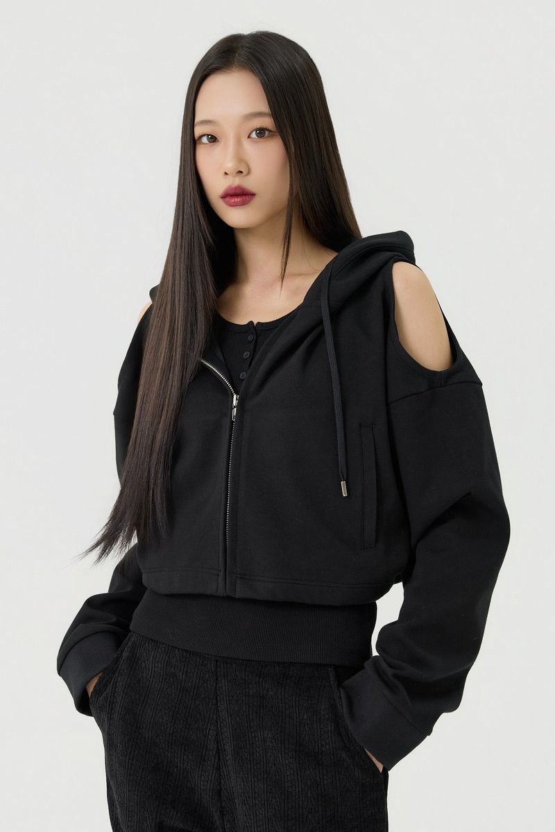vadefy（ベイディフィー）の「Shoulder Cutout Crop Hooded Zip-Up, Black（Jackets/Outerwear）」
