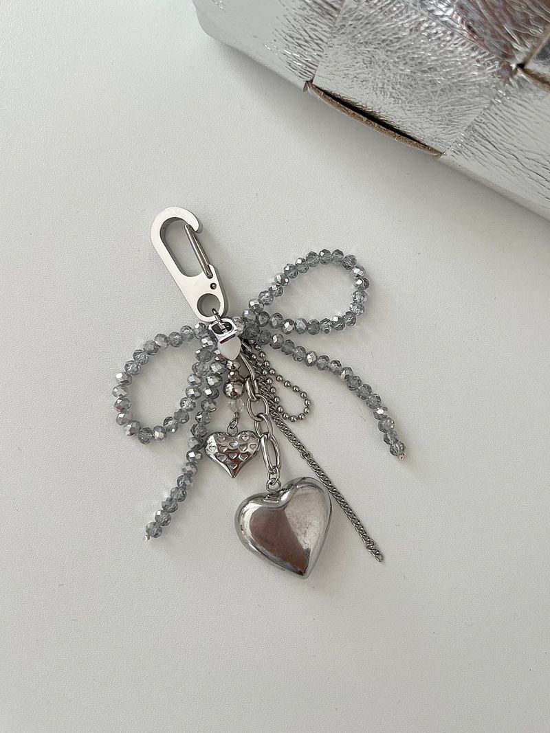 Gra Chic Hip Gray Ribbon Stainless Steel Big Heart Kitchen Chain Keyring Keyring