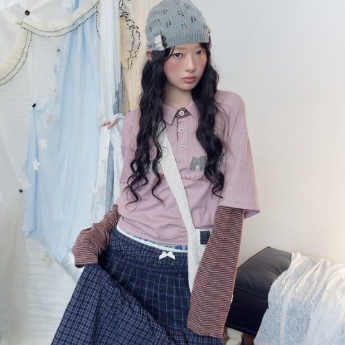 La mode MAQI（ラ モード マキ）の「プレッピー レイヤード ストライプ ポロ スウェットシャツ（トップス）」