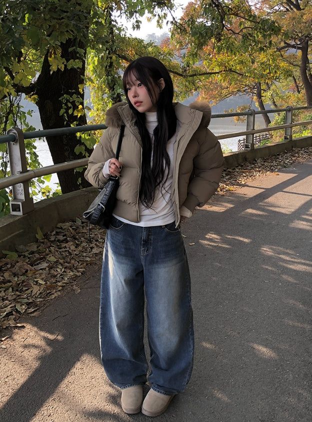 Hins Brushed Washing Denim Wide Pants