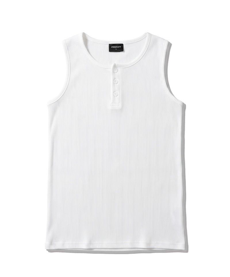 Ribbed Henley-Neck Sleeveless Top White