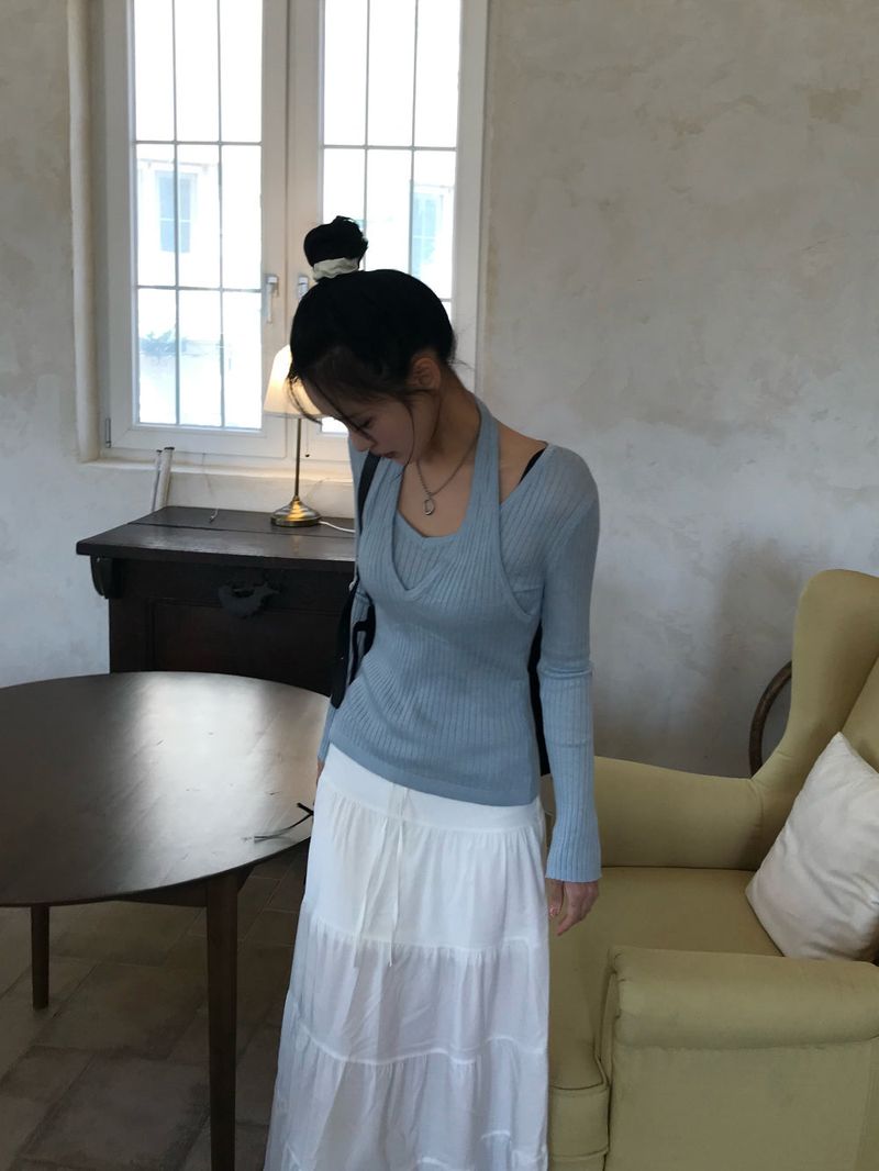 Second Layered Wrap Slim Fit Long Sleeve Rib Knit