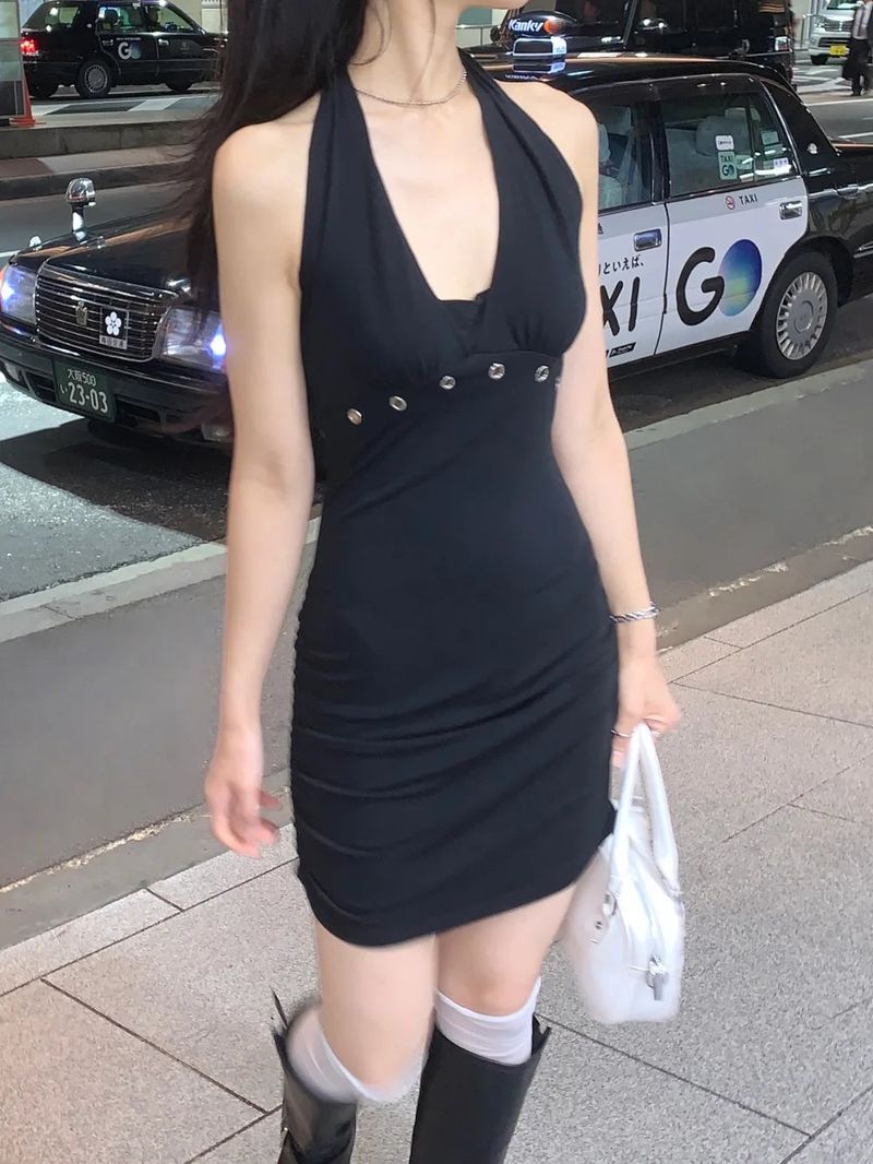 After Eyelet Halter Shirring Mini Dress 