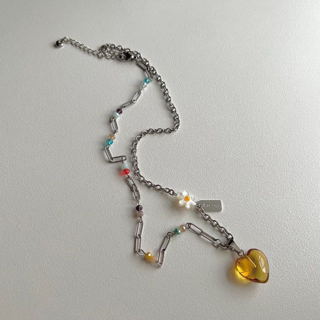 ely Yellow Orange Heart Flower Beads Hip Handmade Necklace