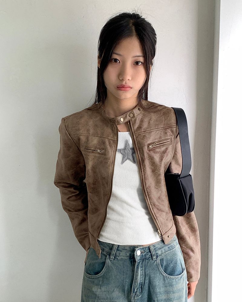 WONDER WONDER（ワンダーワンダー）の「Ant no collar biker washing cropped leather jacket（Jackets/Outerwear）」