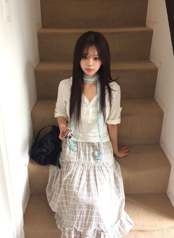Saego Frill Check Midi Skirt