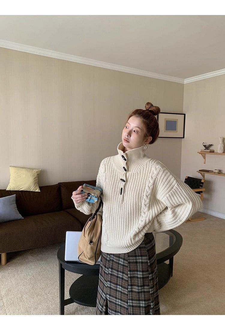 high-neck button bold ribbed loose fit knitwear