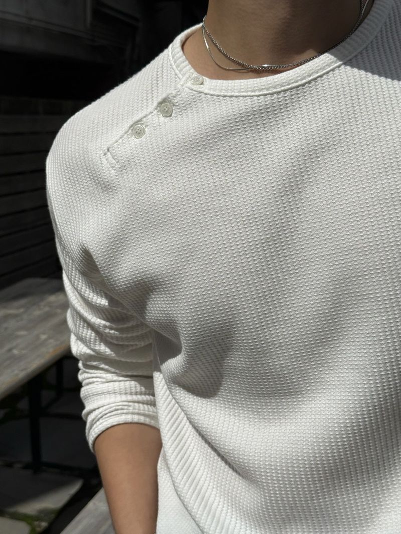 Waffle diagonal button crop long-sleeve t-shirt