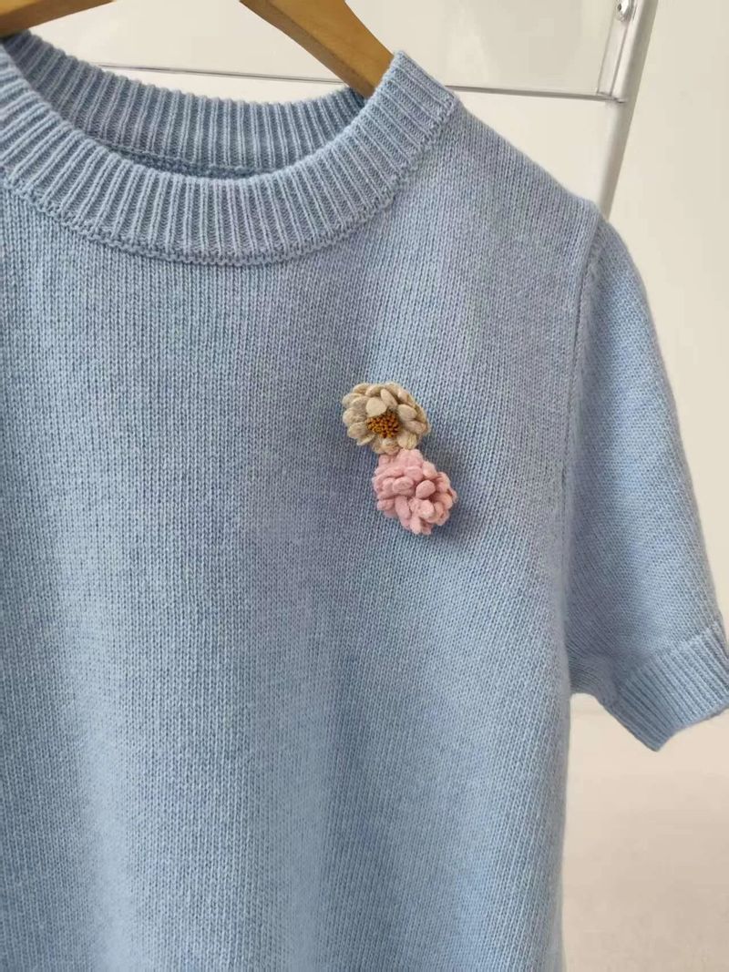 [1+1 Special] Tours Flower Decor Round Neck Wool Short Sleeve Knit