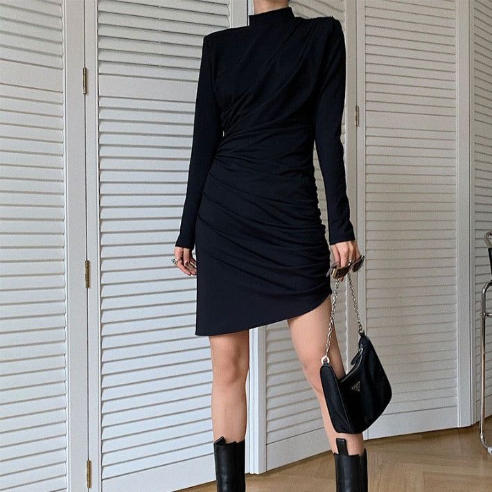 [SALE] Half-turtleneck shirring unbalanced dress