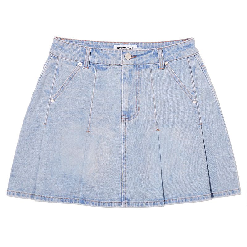 CHERRY DENIM PLEATS MINI SKIRT [LIGHT BLUE]