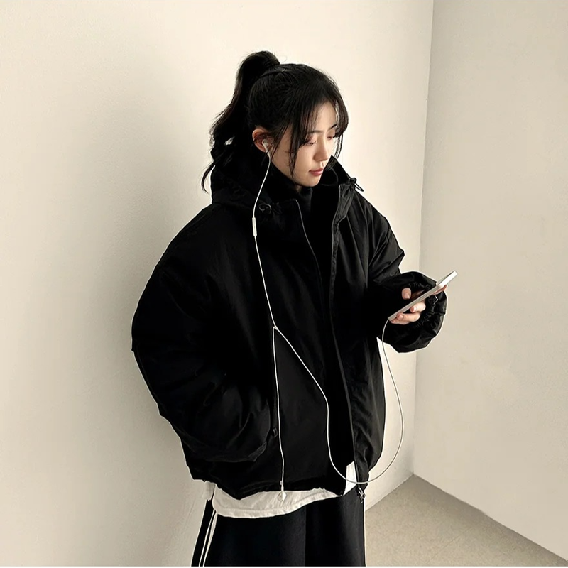Cap hood boxy high neck padded jumper