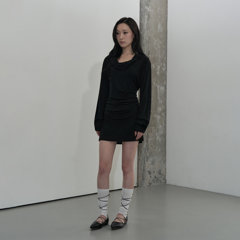 COWL HOOD DRAPE DRESS (BLACK)