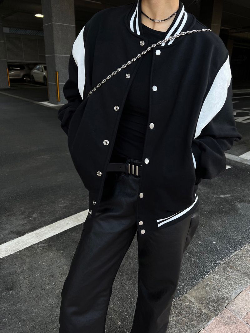[UNISEX] Varsity stadium leather point jacket (Black)