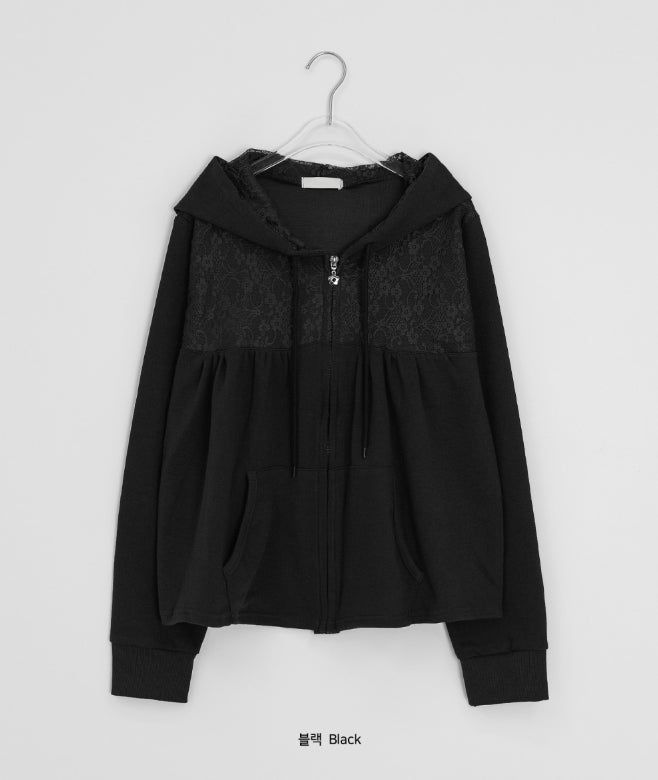 Sigyu Flower Lace Shirring Hood Zip-up