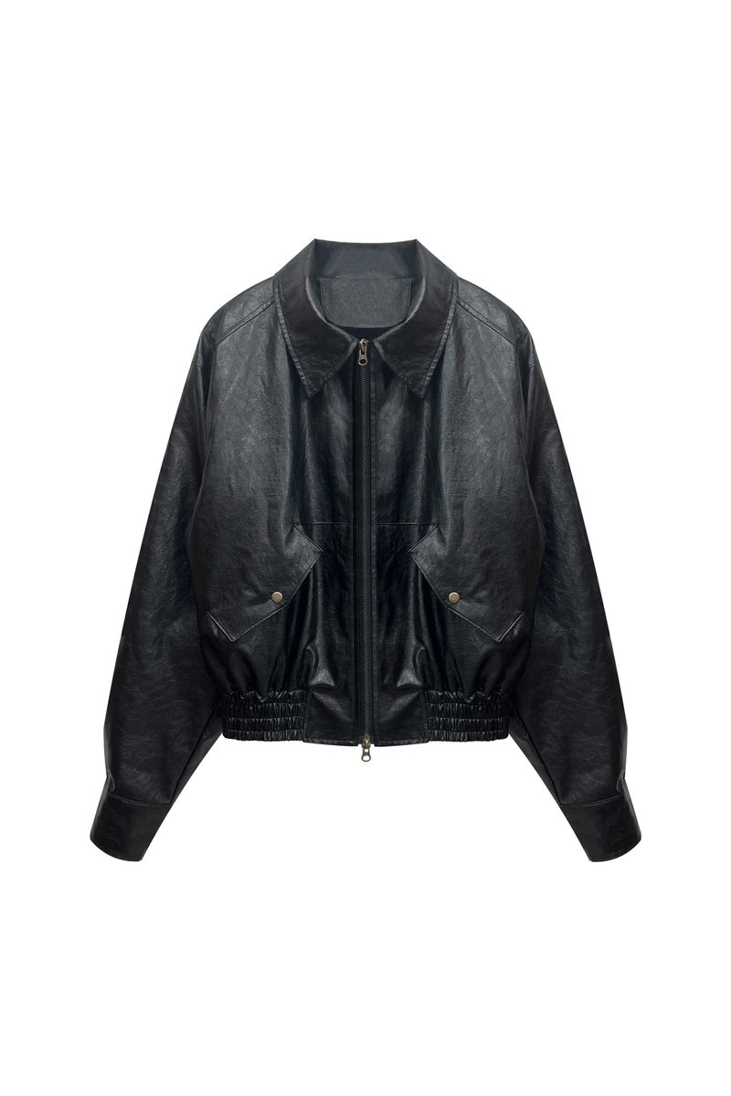 PAMELA LEATHER BOMBER JACKET / BLACK