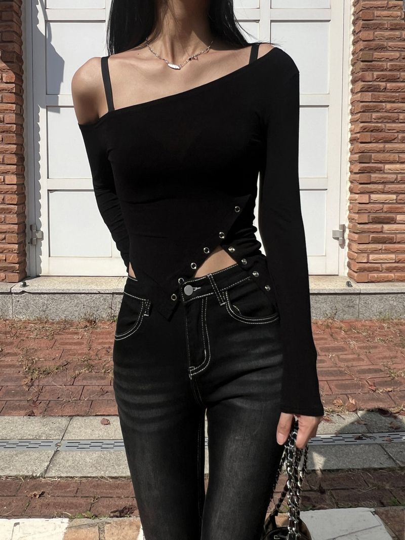 Color combination stitch gradient washed high waist spandex bootcut pants (Black)