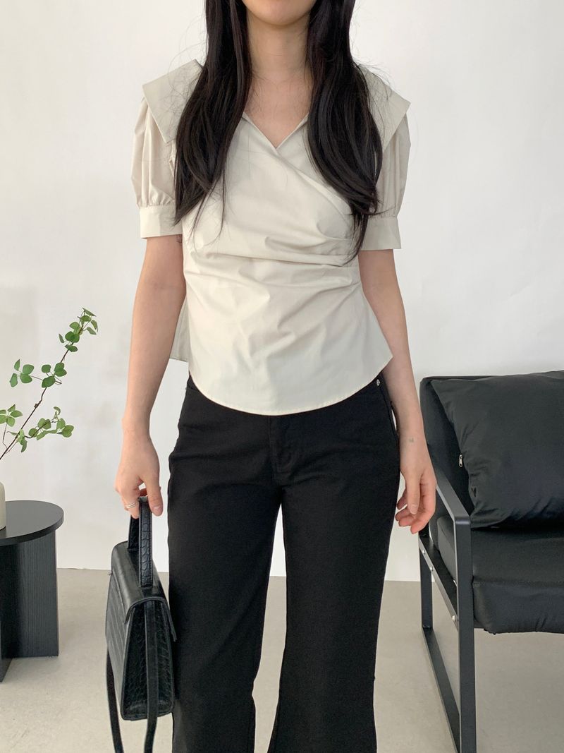 Paibee Collared Neck Shirred Blouse