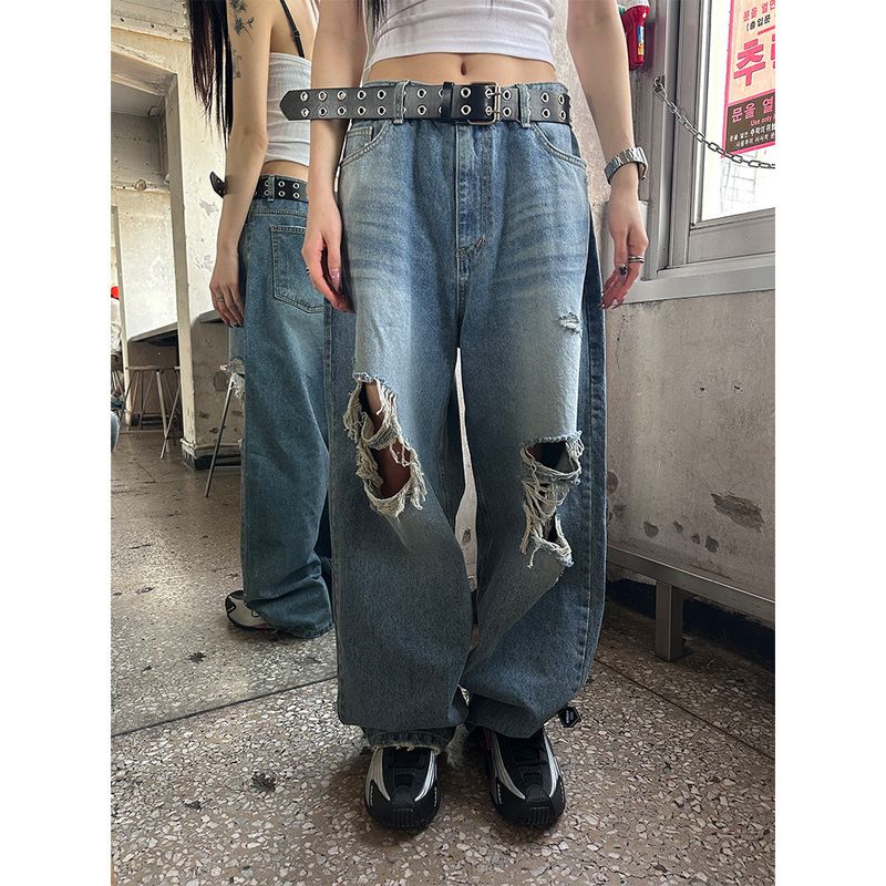  [Unisex] Knee destroyed wide denim pants
