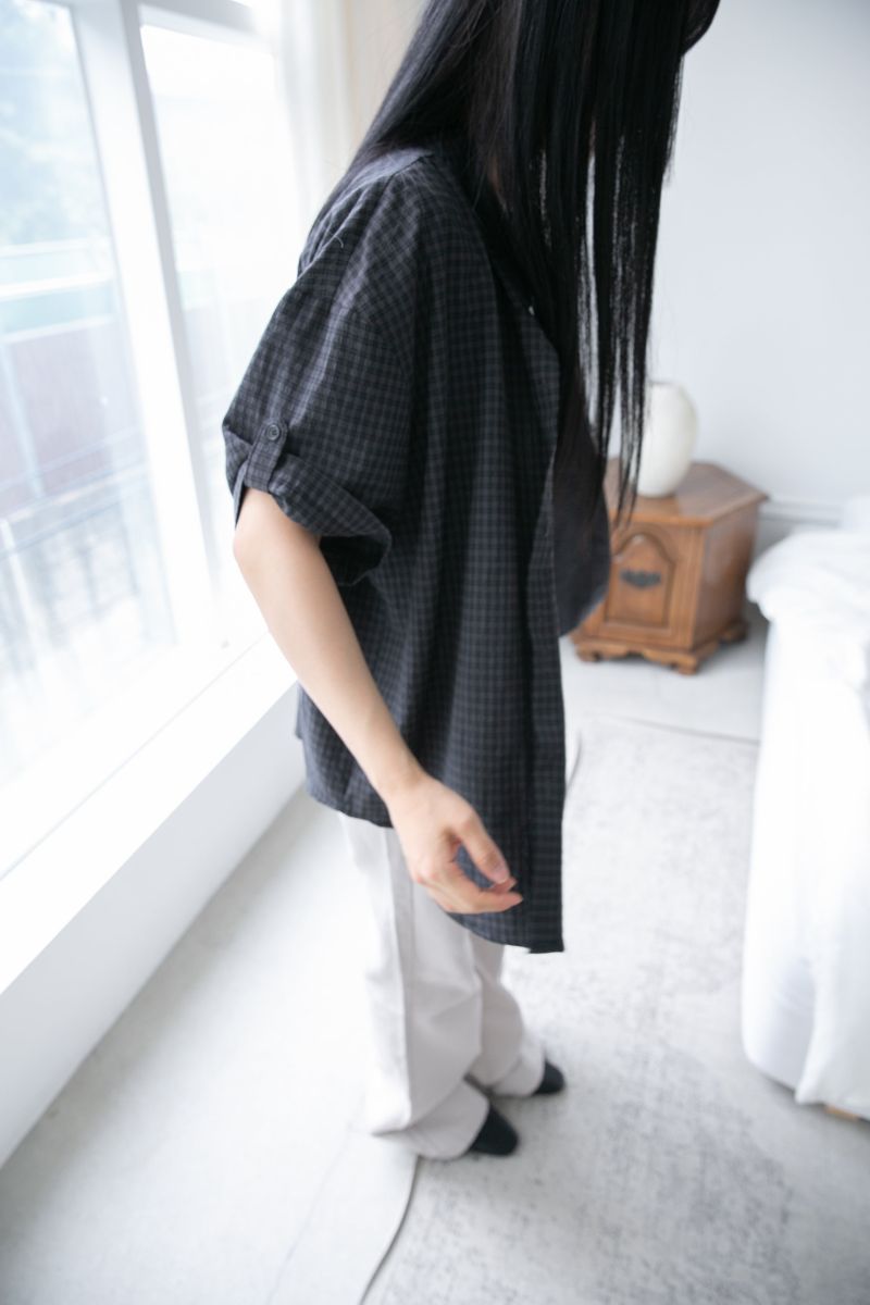 roll-up sleeve check half shirt(2colors)