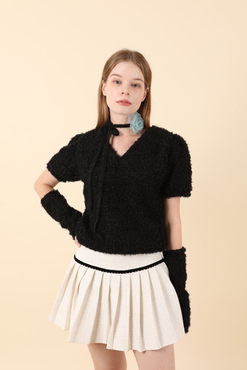 Feminine Puff Knit Warmer Set Black